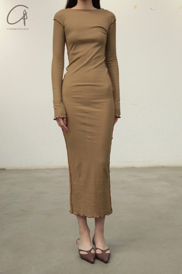 BASERANGE 24 Autumn/Winter Veined Long Sleeve Dress Portugal BAS-DRVL-RB-AU24-FCZ DRVL-RB Emerald Brown